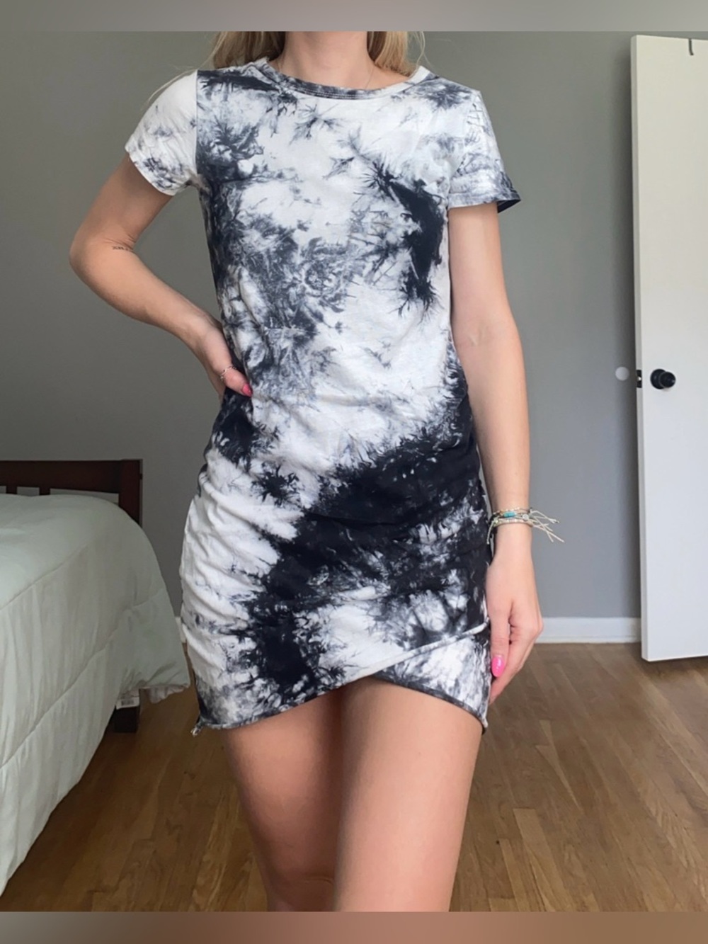 SHEIN Black & White Tie-Dye Short Sleeve Mini Dress